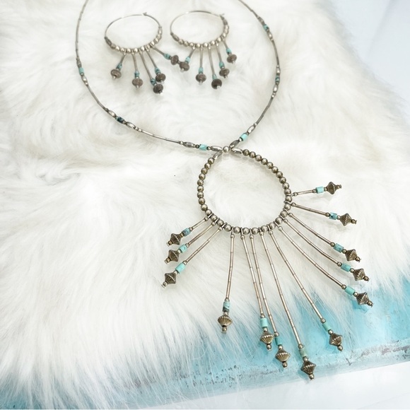 Old Pawn Sterling Silver Necklace/Earring Set Turquoise Heishi Beaded Dangles - Picture 1 of 10